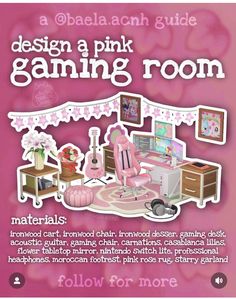 an advertisement for a pink gaming room with furniture and accessories on it's side