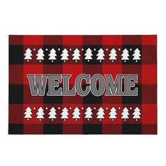 a welcome mat with trees on it and the words welcome in red, black and white