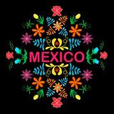 the word mexico is surrounded by colorful flowers and leaves on a black background with red lettering