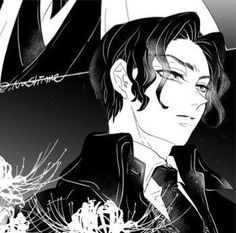 an anime character with black hair and a suit on, in front of a dark background