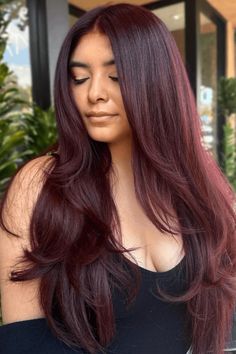 fall hairstyles, mesmerizing hairstyles, seasonal hairstyles Dark Red Hair Color On Tan Skin, Dark Red Hair For Brunettes, Red Wine Hair Color Ombre Dark Brown, Cherry Cola Hair With Highlights, Deep Cherry Red Hair Burgundy, Dark Cherry Red Hair Burgundy, Red Hair On Dark Skin Women, Sangria Hair Color, Mahogany Red Hair Color