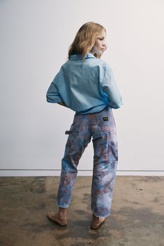 Hand Dyed Painter’s Pants Details Deadstock vintage Stan Ray work pants hand dyed with low impact dyes. Durable cotton twill in a vintage fit; high waisted, slim throughout the hips and straight in the leg with carpenter pockets. Complete with a zip fly + button waist closure. Those wanting a more slouchy fit should size up. All sizes are actual waist measurements. Each piece is individually hand dyed - color and pattern may vary per garment. Please check your measurements before purchasing as these are made to order and final sale. Content + Care- 100% cotton drill- Machine wash-Size + Fit High-rise, runs small Five-pocket style Button closure and zip fly triple chain stitched flat felled seams Measurements 28/S- waist 27-28" hip 38-39" rise 12" thigh 24" leg opening 17" 30/M waist 29-30" Pottery Diy, Flat Felled Seam, Painters Pants, Drill Machine, Pants Details, Bandana Scarf, Purple Sky, Vintage Fits, Swim Bottoms