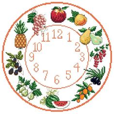 a cross stitch clock with fruits and berries around it