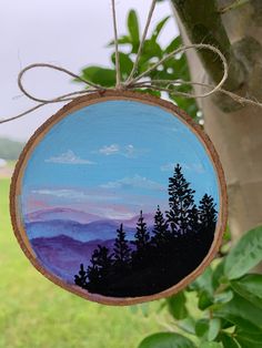 a painted wooden ornament hanging from a tree in front of a grassy field