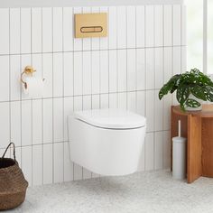 a white toilet in a bathroom next to a plant and towel dispenser