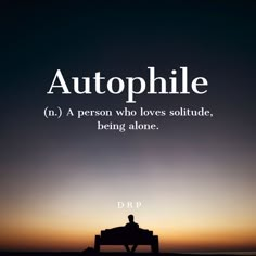 a person sitting on top of a bench in front of a sunset with the words autophile