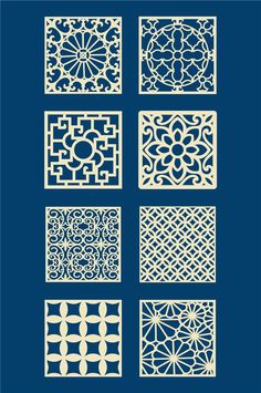 a set of nine laser cut designs for decorative wall hangings, doors and windows