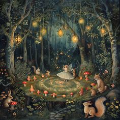 a painting of a forest scene with fairy lights and animals in the foreground, surrounded by mushrooms