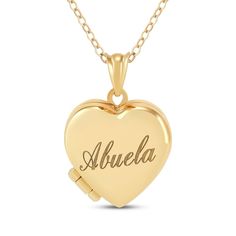 Your Abuela will love and forever treasure this darling heart locket. 10K yellow gold The heart locket features "Abuela" engraved in a beautiful script font Opens to reveal space for a pair of small photos or mementos 16- to 18-inch adjustable cable chain with spring ring clasp Keepsake Yellow Gold Name Jewelry, Personalized Yellow Gold Locket Necklace For Mother's Day, Personalized 14k Gold Locket For Memorial, Personalized Mother's Day Yellow Gold Locket Necklace, Yellow Gold Locket Necklace For Personalized Gift, Personalized 14k Gold Locket Necklace For Valentine's Day, Personalized Yellow Gold Locket Necklace For Anniversary, Personalized 14k Gold Locket Necklace For Anniversary, Beautiful Script Fonts