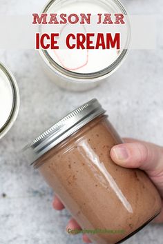 someone holding a mason jar with ice cream in it and the words mason jar on top