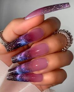 Saw these on fb Dark Nails With Gems, Tapered Square French Tip Nails, Purple And Red Nails, Glass Nails Designs, Galactic Nails, Square French Tip Nails, Rocker Nails, Nails In Pink, Flashy Nails