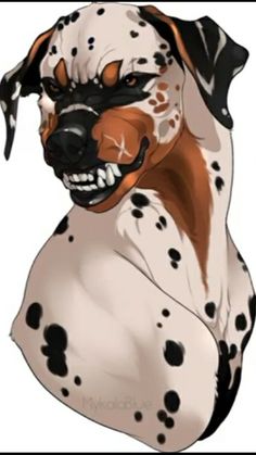 a drawing of a dog with spots on it's face and mouth, sitting down