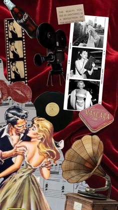 a collage of various vintage items including an old record player, fan and wine bottle