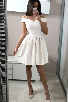 A Line Off The Shoulder Satin Short  Homecoming Dress Autumn Outfits, Backless Homecoming Dresses, Cheap Homecoming Dresses, Dress Autumn, Lace Homecoming Dresses, Elegant Dresses For Women, Autumn Dress, Short Prom Dress, White Off Shoulder