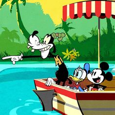 mickey mouse and other cartoon characters in a boat