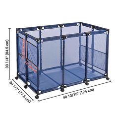 the large mesh storage container is shown with measurements for each side and top section, along with