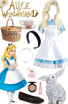 a paper doll is dressed up as alice and the white rabbit with accessories for her costume