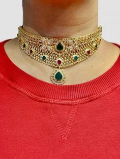 22K Gold Choker Necklace with Cz & Color Stones - 235-GN4827 in 44.900 Grams 22k Gold Necklace