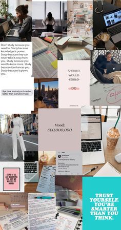 a collage of photos with people working on laptops and writing in notebooks