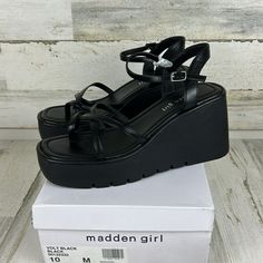 Nwb Madden Girl Volt Womens Size 10m Black Faux Leather Buckle Strappy Sandals, New With Box Wedge Sandal 4" Platform Buckle Closure Madden Girl Platform Sandals, Madden Girl Sandals, White Slides Sandals, Taupe Sandals, Rose Gold Sneakers, Dressy Sandals, Floral Sandals, Womens Sandals Wedges, Madden Girl Shoes