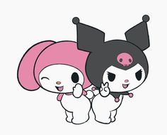 two cartoon characters with black and pink hair, one holding the other's hand