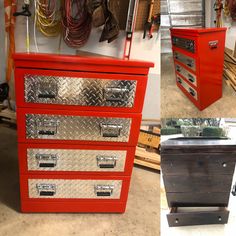 three different views of an old dresser with metal drawers and hardware on the bottom drawer