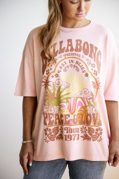 This Billabong Peace and Love Oversized Graphic T-Shirt for Women in Peachy is a must-have piece for those who love oversized tees! The fun graphic and short sleeves will fit perfectly in your wardrobe for any season. Features: Billabong Style: 24B353429-MEH0 Color: Soft N Peachy 100% Cotton Women’s T-Shirts Crew neckline Short sleeves Durable water repellent material Front Graphic: reads “Billabong Peace & Love Tour 1973” with palm trees and sun graphics Loose oversized fit Measurements from a size large: Length from back shoulder: 27” Chest: 42” Billabong Style, Tee Design Inspiration, Hoodies Pattern, Billabong Shirts, Oversize Tshirt Outfits, Shirt Inspiration, Oversized Tees, Preppy Clothes, Beach T Shirt