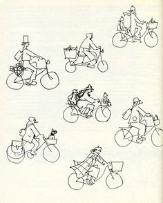 an old book with drawings of people riding bicycles and tricycles in different positions