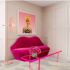 a living room filled with furniture and a pink couch next to a painting on the wall