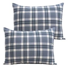 two blue and white plaid pillows