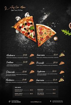 a menu for pizza with different toppings and ingredients on the side, along with an image of two slices of pizza