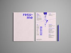 the front and back of a resume on a gray background with a blue pen next to it