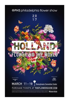 the poster for holland's flower show, featuring colorful flowers and butterflies on a blue background