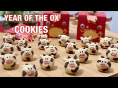 there are many cookies shaped like cows on a table with the words year of the ox cookies