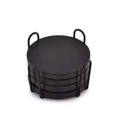 three round wooden trays with handles on each side, one black and the other brown