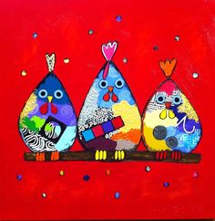 three colorful birds sitting on top of a wooden branch with confetti sprinkles