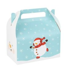 a small box with a snowman and penguin design on the front, sitting on a white surface