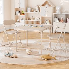 a child's table and chairs in a playroom with toys on the floor