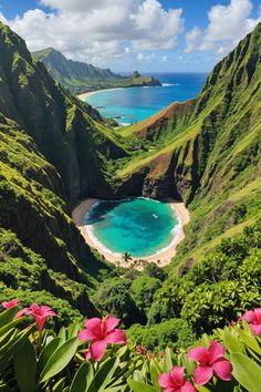 the beautiful beach is surrounded by lush green hills and blue water, with pink flowers in the foreground