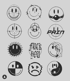 six different smiley faces drawn in black and white with the words happy on each one