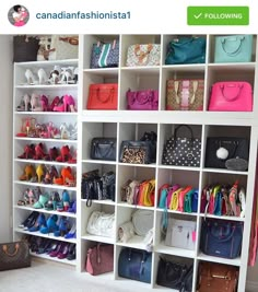 a closet filled with lots of purses and handbags on top of white shelves