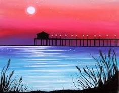 an acrylic painting of a pier at night with the moon in the sky