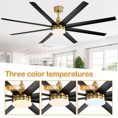 the ceiling fan with three color temperatures is shown in four different colors and sizes