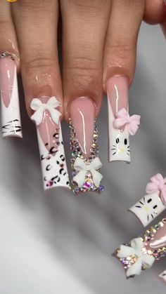 Long Square Acrylic Nails Hello Kitty, Unique Acrylic Nails Hello Kitty, Uni Nails, Kawaii Long Acrylic Nails With Charms, Xl Long Acrylic Nails Hello Kitty, Big Hello Kitty Charm Nails, Nail Cam, Hot Nail Designs, Fye Nails