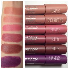 Adrienne : revlon balm swatches Shades Of Lipstick, Revlon Matte, Best Lipstick Color, Revlon Colorburst, Revlon Lipstick, Long Lasting Lip Gloss, Lipstick Stain, Colors For Skin Tone