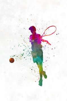 a tennis player is jumping up to hit the ball with his racket and watercolor splattered background