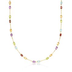 Ross-Simons - 14.10ct t. w. Multi-Gemstone Station Necklace in Gold. 18". Unlock a world of color with this stunning station necklace! Lovely, lucent emerald-cut gems trace the neckline on a classic 14kt yellow gold cable chain, including 14.10 ct. tot. gem wt. citrine, garnet, sky blue topaz, peridot and amethyst. Springring clasp, multi-gemstone station necklace. Garnet birthstones are the perfect gift for January birthdays. Garnet Birthstone, Gem Necklace, Sky Blue Topaz, Station Necklace, World Of Color, Emerald Cut, Cable Chain, Blue Topaz, Citrine