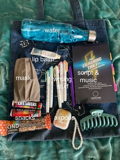 the contents of a travel bag laid out on top of a blue blanket with text overlay