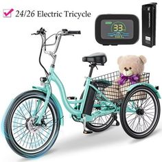 a teddy bear in a basket on the back of a bicycle with an alarm clock