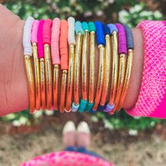 The Hailey Collection - Skinny Mini Bracelet Pink Heishi Bracelet, Colorful Bracelet Stack, Heishi Jewelry, Heishi Bracelets, Clay Bracelets, Western Crafts, Preppy Bracelets, Mini Bracelet, Disc Bracelet